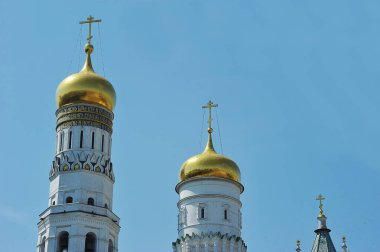 MOSCOW, RUSSIA - June 26, 2021: view of the domes of the Assumption belfry on Cathedral square in the Kremlin in Moscow
