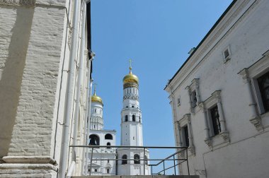 MOSCOW, RUSSIA - June 26, 2021: view of the churches and belfries on Sobornaya Square in the Kremlin in Moscow