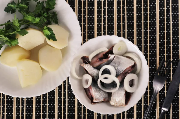 Herring Onion Parsley Boiled Potatoes Top View — Stock Fotó