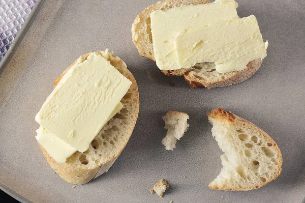 Butter Sliced Baguette Top View Flat Lay — Stock Photo, Image