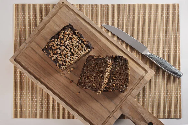 Bread Sunflower Seeds Wooden Board Top View Flat Lay — Fotografia de Stock