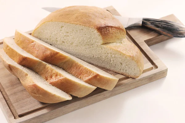 Bread Cut Slices Wooden Board Knife — Stock Photo, Image