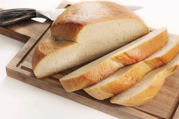 Bread Cut Slices Wooden Board Knife — Stok fotoğraf
