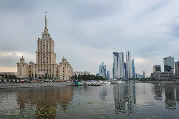 MOSCOW, RUSSIA - August 7, 2021: view of the Stalin high-rise on Kutuzovsky Prospekt and a view of Moscow city in Moscow