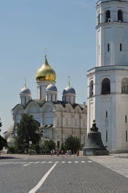 MOSCOW, RUSSIA - June 26, 2021: view of the Assumption belfry and the bell tower of Ivan the Great on Cathedral Square in the Kremlin in Moscow