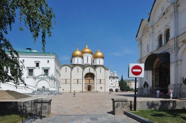 MOSCOW, RUSSIA - June 26, 2021: view of the Assumption Cathedral on Cathedral Square in the Kremlin in Moscow