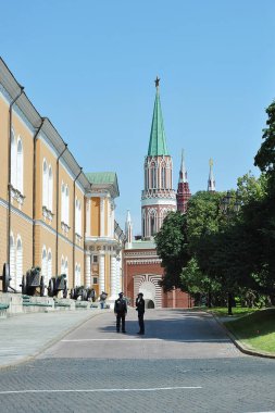 MOSCOW, RUSSIA - June 26, 2021: view of the Nikolskaya Tower in the Kremlin in Moscow