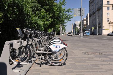 MOSCOW, RUSSIA - June 19, 2021: bicycle parking for rent in Moscow