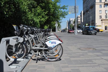 MOSCOW, RUSSIA - June 19, 2021: bicycle parking for rent in Moscow