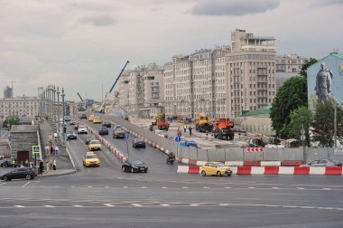 MOSCOW, RUSSIA - June 6, 2021: Construction of a viaduct on Volkhonka Street in Moscow