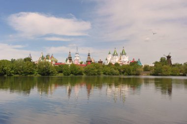 MOSCOW, RUSSIA - May 23, 2021: view of the Izmailovsky Kremlin  silver-grape pond in Moscow