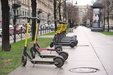 SAINT PETERSBURG, RUSSIA-May 7, 2021: rental electric scooters sharing in Saint Petersburg