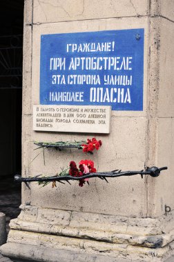 SAINT PETERSBURG, RUSSIA-May 7, 2021: commemorative plaque warning of the danger of shelling on Nevsky Prospekt in Saint Petersburg