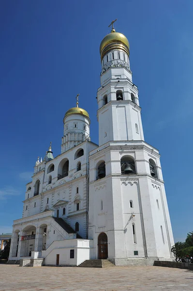 MOSCOW, RUSSIA - June 26, 2021: view of the Assumption belfry and the bell tower of Ivan the Great on Cathedral Square in the Kremlin in Moscow