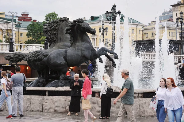 Moscow Russia June 2021 Fountain Horses Okhotny Ryad Moscow — Photo