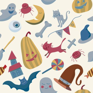 Halloween festive seamless pattern. Endless background with pumpkin, bat, broom, moon and flags with the inscription 