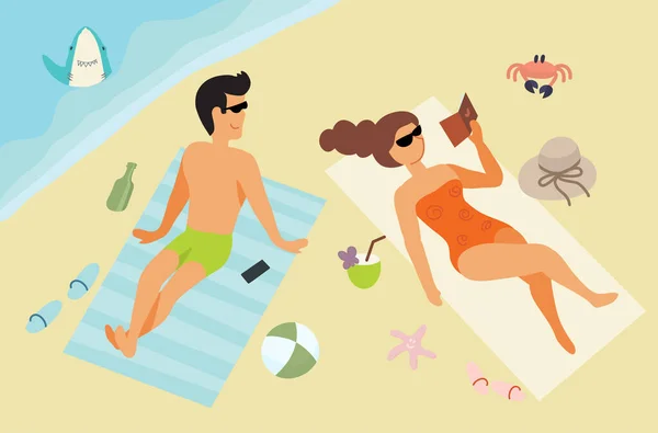 Άντρας Και Κορίτσι Διακοπές Στην Παραλία Της Άμμου — Διανυσματικό Αρχείο