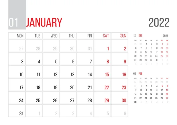 Calendar 2022 Planner Corporate Template Design January Month Week Starts — Vector de stock