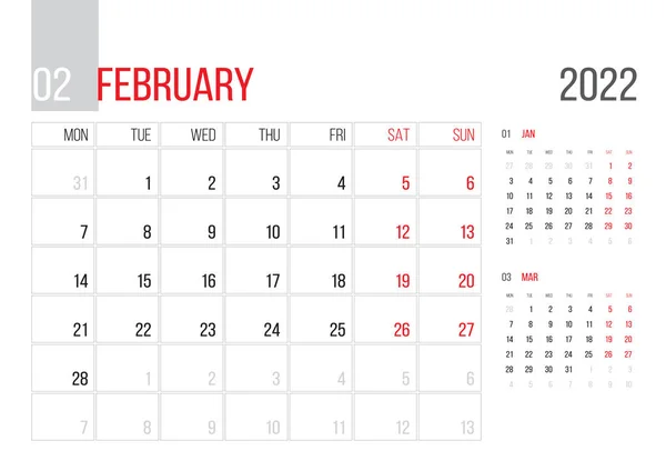 Calendar 2022 Planner Corporate Template Design February Month Week Starts — 스톡 벡터