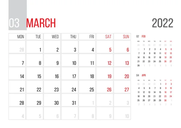 Calendar 2022 Planner Corporate Template Design March Month Week Starts — Wektor stockowy