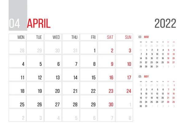 Calendar 2022 Planner Corporate Template Design April Month Week Starts — Vector de stock