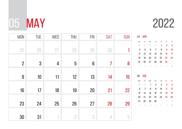 Calendar 2022 Planner Corporate Template Design May Month Week Starts — Stok Vektör