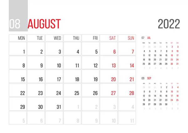 Calendar 2022 Planner Corporate Template Design August Month Week Starts — Wektor stockowy