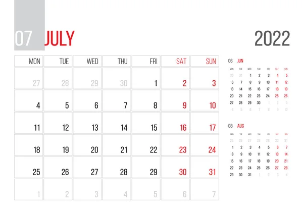 Calendar 2022 Planner Corporate Template Design July Month Week Starts — Wektor stockowy