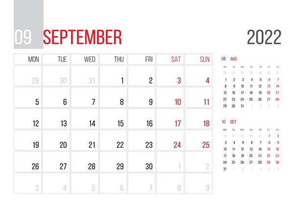 Calendar 2022 Planner Corporate Template Design September Month Week Starts — Wektor stockowy
