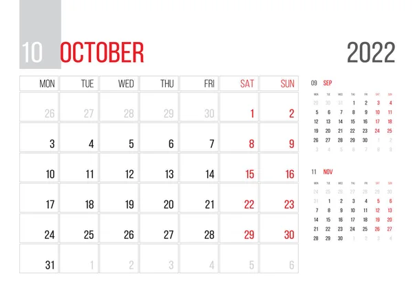 Calendar 2022 Planner Corporate Template Design October Month Week Starts — Stok Vektör