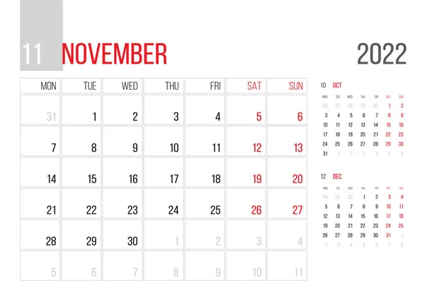 Calendar 2022 Planner Corporate Template Design November Month Week Starts — Vector de stock
