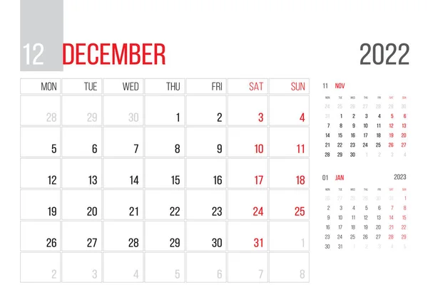 Calendar 2022 Planner Corporate Template Design December Month Week Starts — Wektor stockowy