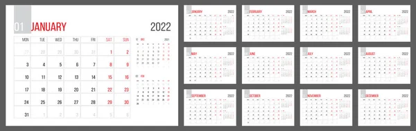 Calendar 2022 Planner Corporate Template Design Set Week Starts Monday — Vettoriale Stock