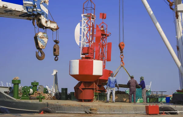 Asian Workers Group Crane Truck Working Transfer Red Fairway Buoys — Stock Fotó