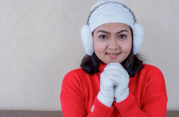 Portrait Young Asian Size Woman Red White Winter Clothing Smiling Royalty Free Stock Images
