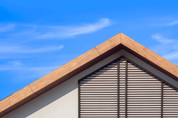 Front View Wooden Gable Roof Battens Decoration Retro House Cloud — Stock Photo, Image