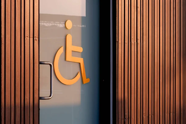 Perspective Side View Disabled Wheelchair Restroom Sign Glass Sliding Door — Stock Photo, Image