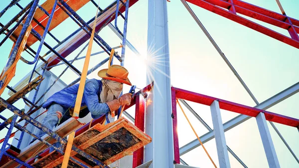 Low Angle View Welder Country Style Scaffolding Welding Metal Building — Photo