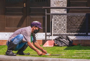 Asyalı işçiler, klasik ofis binasının ön bahçesindeki çimenleri buduyor.