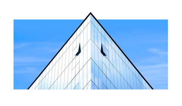 Manipulation techniques image design of light reflection on modern glass office building against blue sky on white frame in 3D style, illustration mode