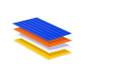 Stack of multicolored corrugated metal sheets with polymer coating for wall and roofing on isolated white background
