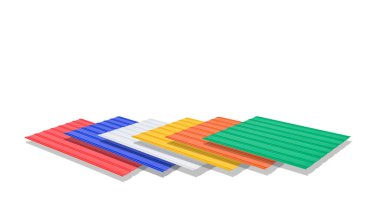 Set of multicolored corrugated metal sheets with polymer coating for wall and roofing work on isolated white background