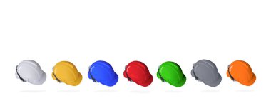 Row of various colors safety helmets set on isolated white background in panoramic view