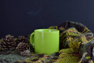 Sıcak yeşil kupa yün kumaş, çam kozalakları anahat, sezon, kış konsepti.