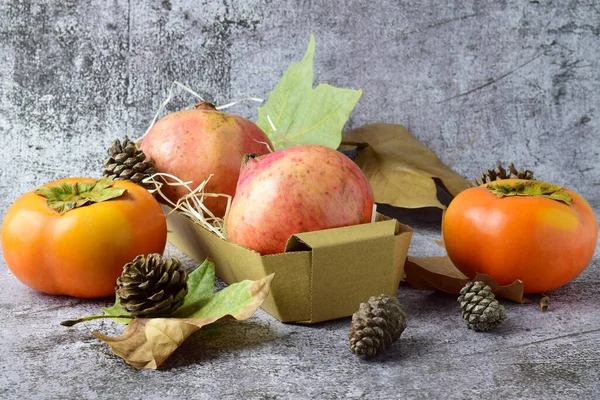 Close Pomegranate Persimmon Leaves Pineapples Scattered Outline Stone Background Autumnal — Stock Photo, Image