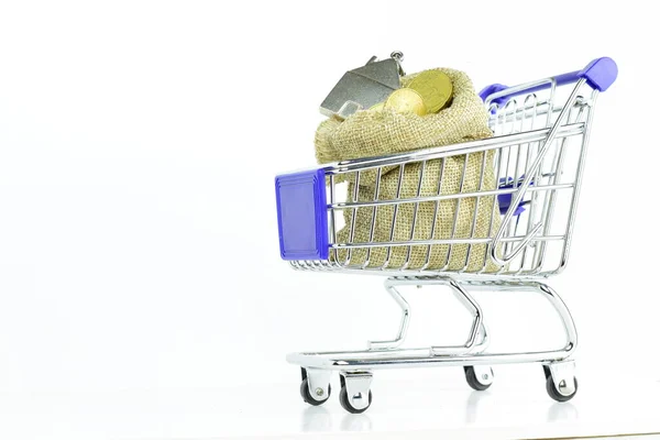 閉じる ショッピングカートにユーロコインで袋 経済的概念 白い背景とコピースペース — ストック写真