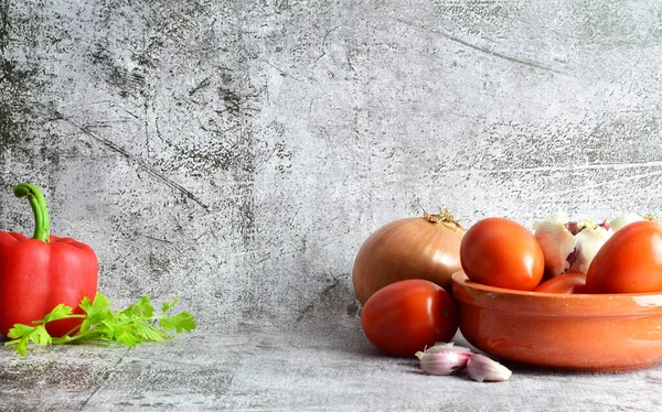 Fundo Pedra Ingredientes Benéficos Naturais Tomates Alho Vários Outros Espaço — Fotografia de Stock