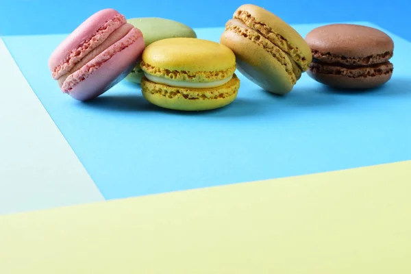 Macaroons Isolated Blue Background Typical French Sweet Copy Space — Stock Photo, Image