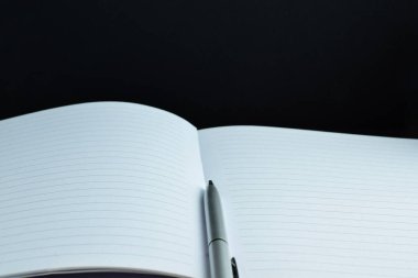 Defterde gümüş tükenmez kalem, siyah arkaplan.