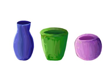 Çiçekler için üç renkli kap. Beyaz arkaplandaki izole nesneler. Mor, yeşil ve mor renkler.